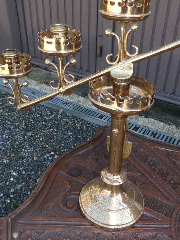 PAIR antique church brass Candelabras color stones religious set rare