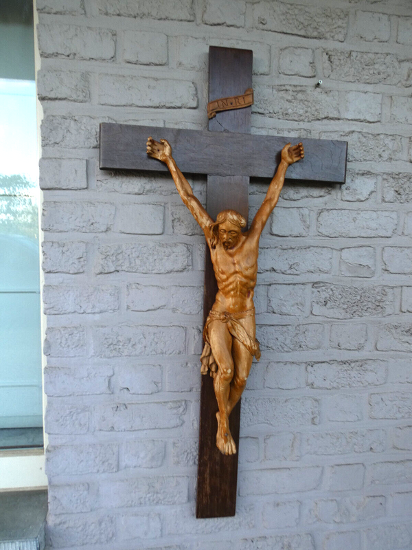 Antique XL 38" Wood carved corpus Cross crucifix religious
