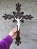 Antique french wood carved porcelain corpus christ fleur lys crucifix cross