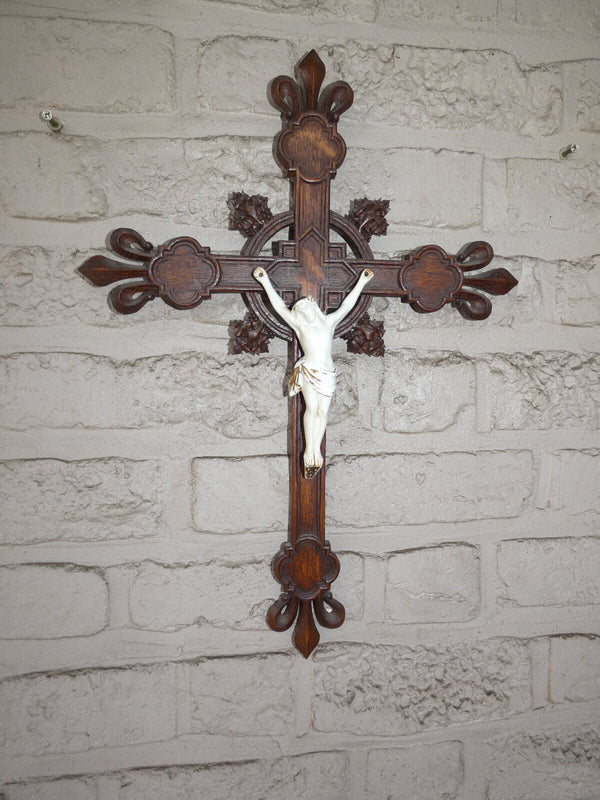 Antique french wood carved porcelain corpus christ fleur lys crucifix cross