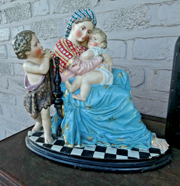 Antique french Madonna jesus child john baptist rare colours religious