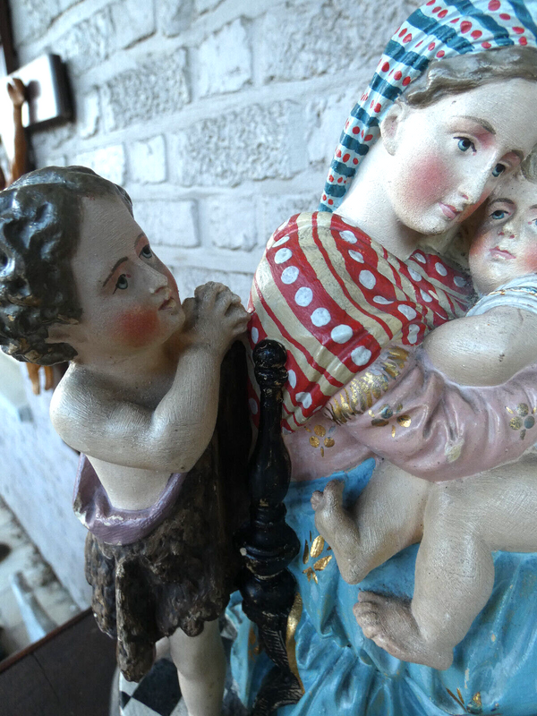 Antique french Madonna jesus child john baptist rare colours religious