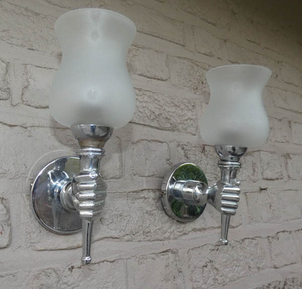 PAIR Vintage 1970 Metal chrome opaline hand sconces wall lights maison jansen