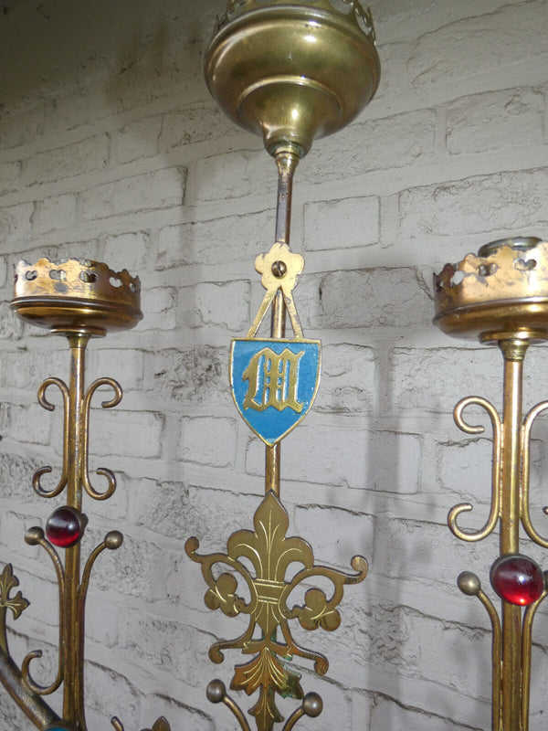 Antique french church copper candelabra Colour stones enamel rare