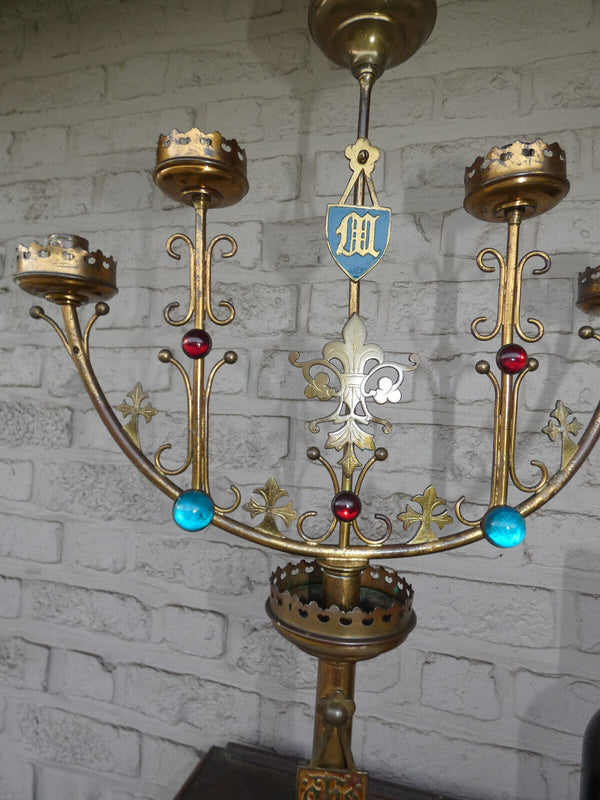 Antique french church copper candelabra Colour stones enamel rare