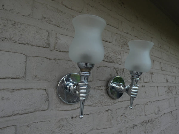 PAIR Vintage 1970 Metal chrome opaline hand sconces wall lights maison jansen