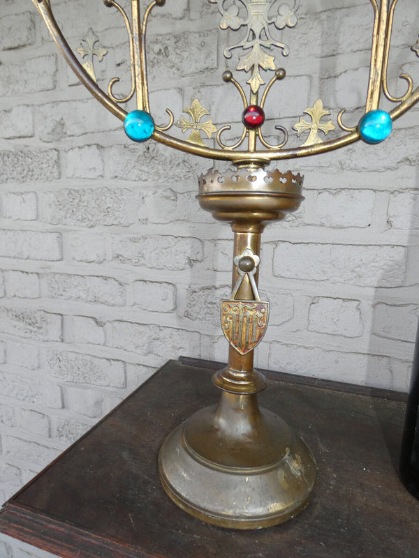 Antique french church copper candelabra Colour stones enamel rare