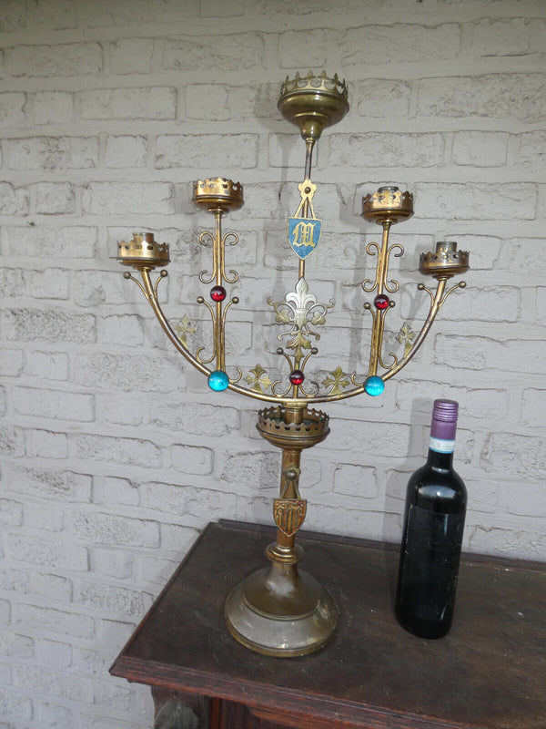 Antique french church copper candelabra Colour stones enamel rare