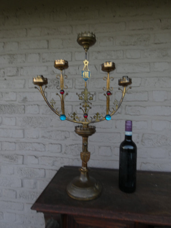 Antique french church copper candelabra Colour stones enamel rare