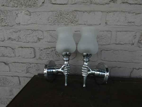 PAIR Vintage 1970 Metal chrome opaline hand sconces wall lights maison jansen