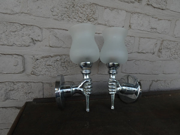 PAIR Vintage 1970 Metal chrome opaline hand sconces wall lights maison jansen