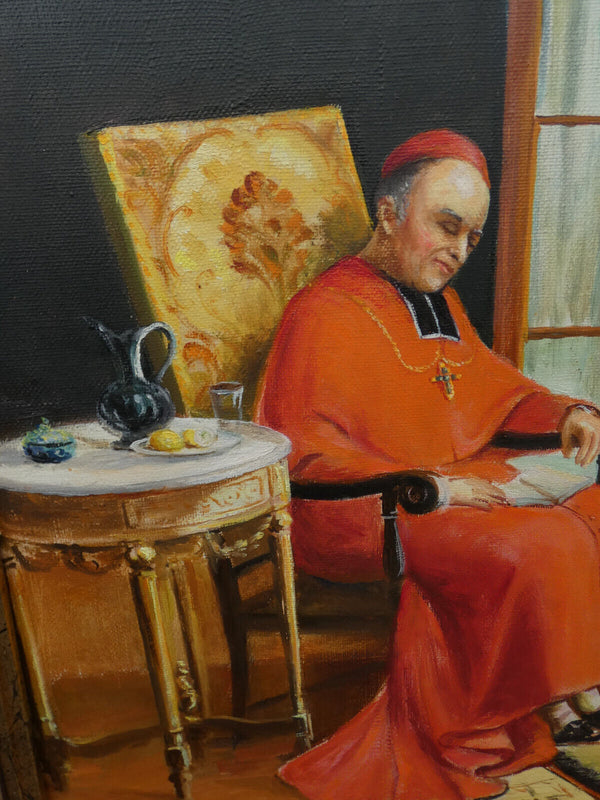 Flanders oil canvas Cardinal Bishop interior painting Signed  religious