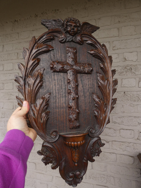 Antique french Large wood carved Holy water font plaque angel religious rare