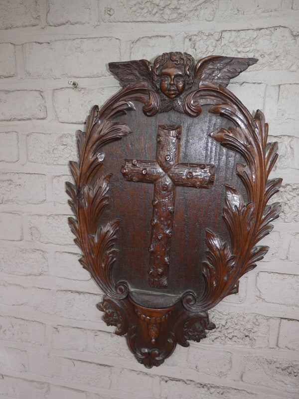 Antique french Large wood carved Holy water font plaque angel religious rare