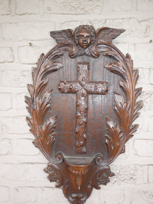 Antique french Large wood carved Holy water font plaque angel religious rare