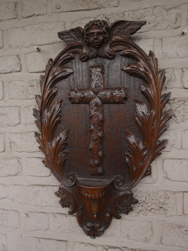 Antique french Large wood carved Holy water font plaque angel religious rare