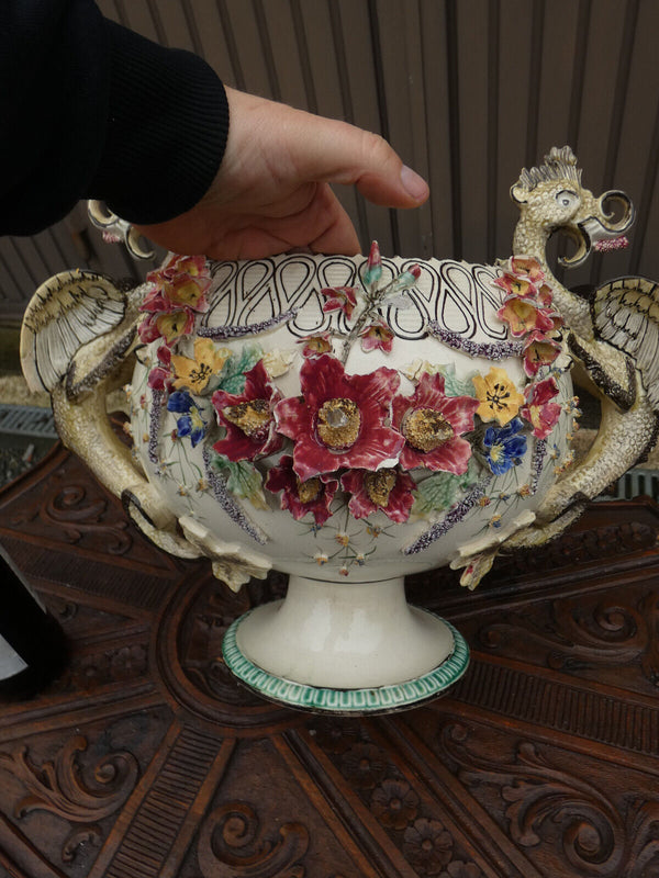 Antique art nouveau  XL Barbotine majolica dragon Floral planter jardiniere rare