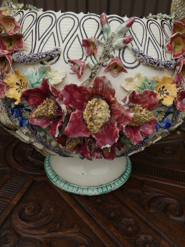 Antique art nouveau  XL Barbotine majolica dragon Floral planter jardiniere rare