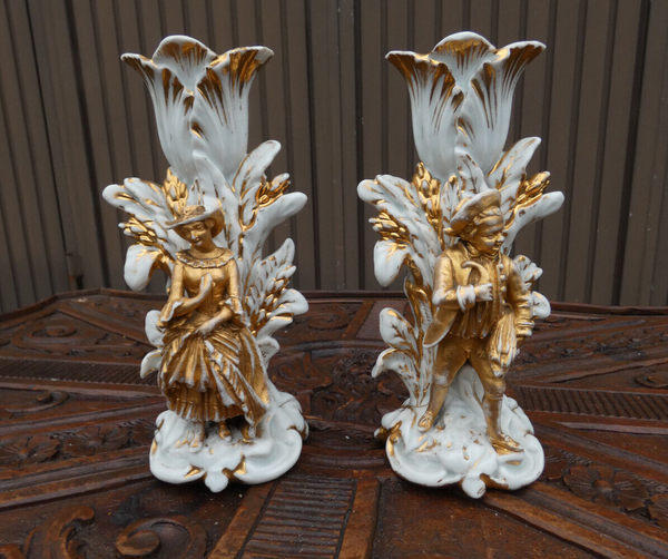 PAir antique Vieux brussels porcelain candle holders figurine set