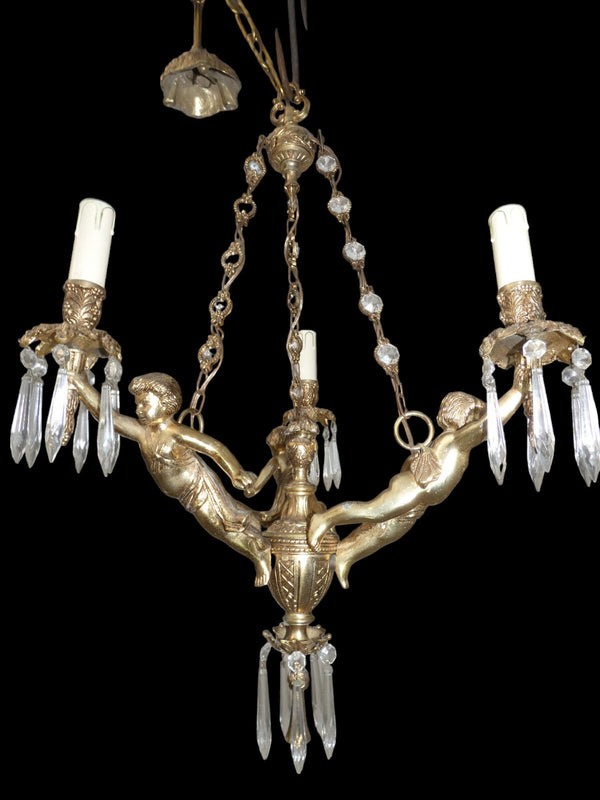 Vintage french Bronze putti cherub 3 arm chandelier crystal glass drops 1960