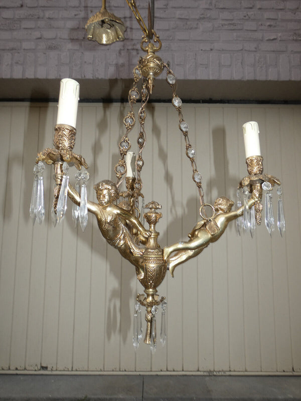 Vintage french Bronze putti cherub 3 arm chandelier crystal glass drops 1960