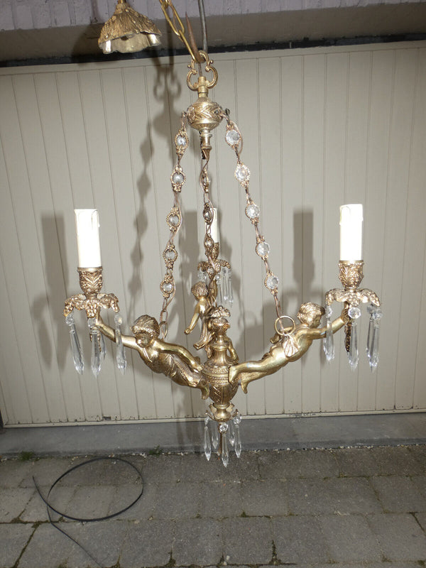 Vintage french Bronze putti cherub 3 arm chandelier crystal glass drops 1960