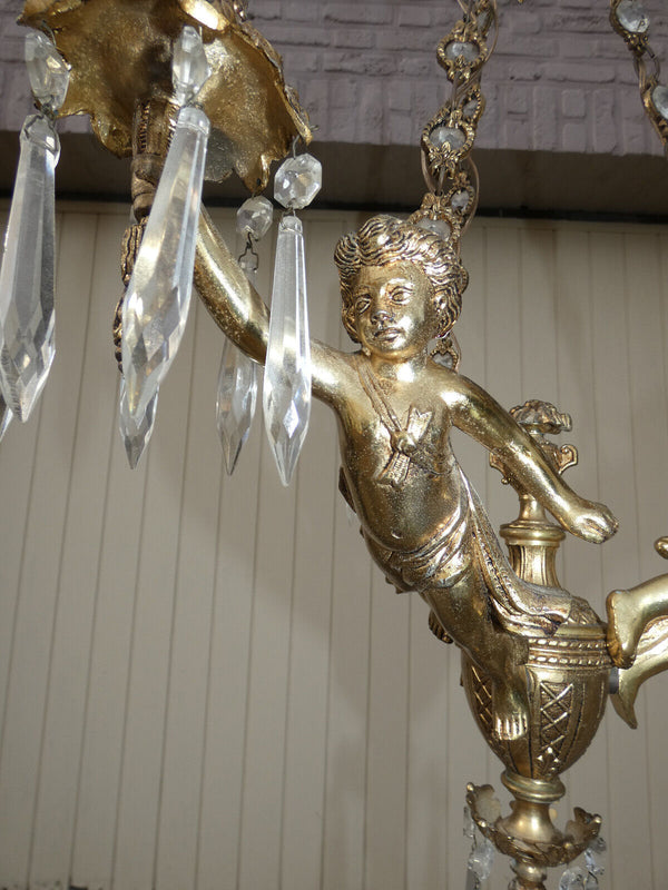 Vintage french Bronze putti cherub 3 arm chandelier crystal glass drops 1960