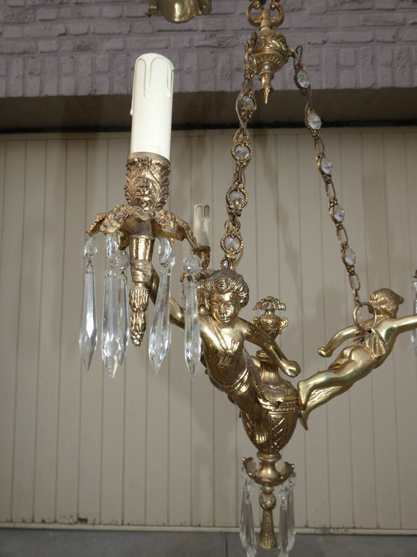 Vintage french Bronze putti cherub 3 arm chandelier crystal glass drops 1960