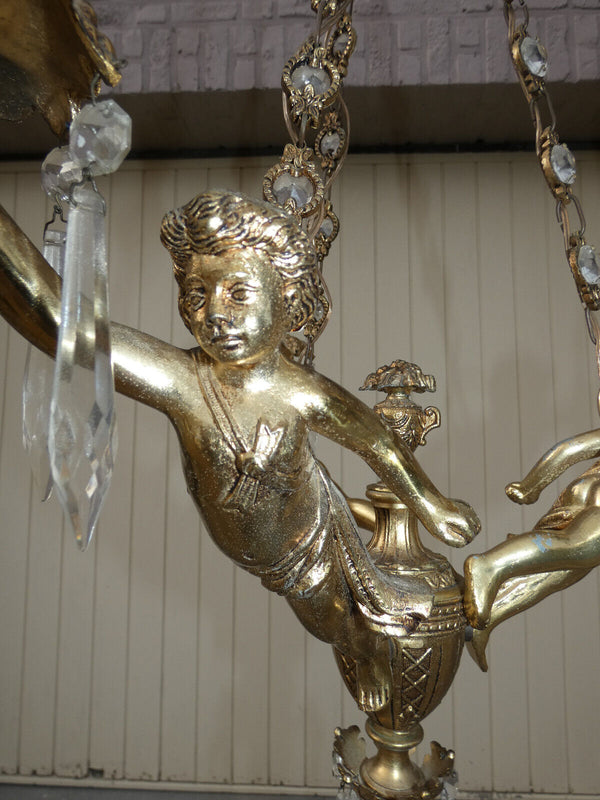 Vintage french Bronze putti cherub 3 arm chandelier crystal glass drops 1960