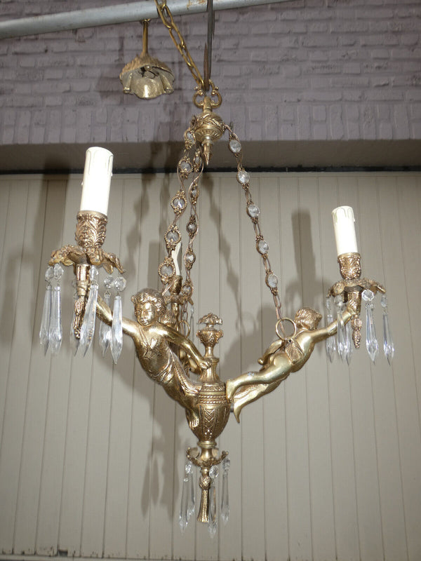 Vintage french Bronze putti cherub 3 arm chandelier crystal glass drops 1960