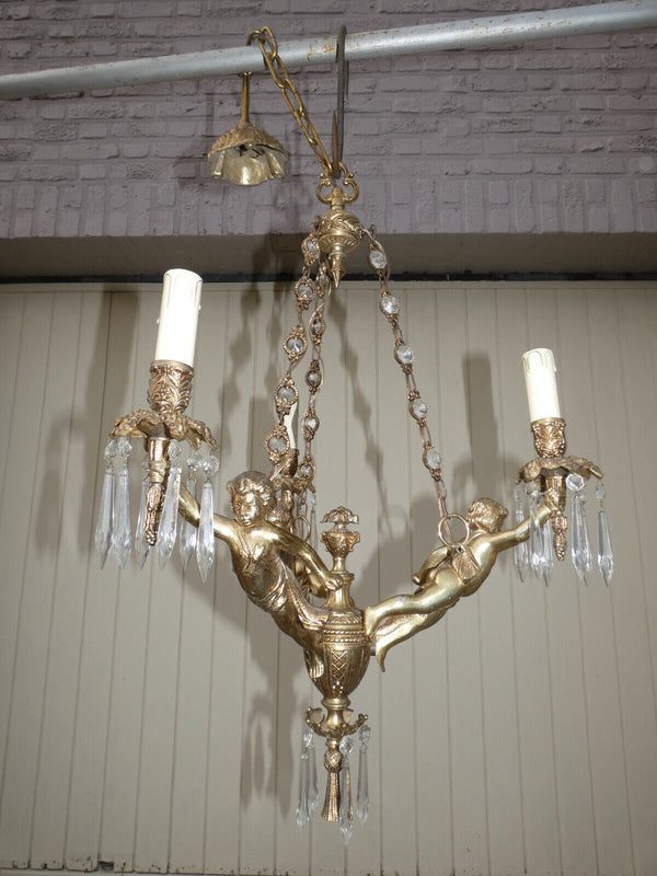 Vintage french Bronze putti cherub 3 arm chandelier crystal glass drops 1960