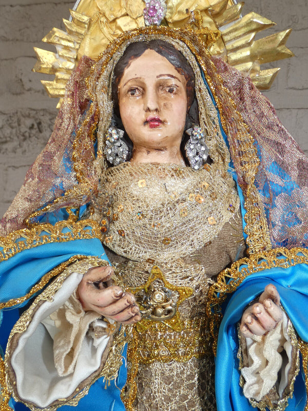 Antique spanish wood carved virgin mary Statue sculpture