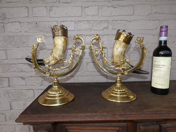 PAir vintage 1950 Brass metal horn dragon statue rare