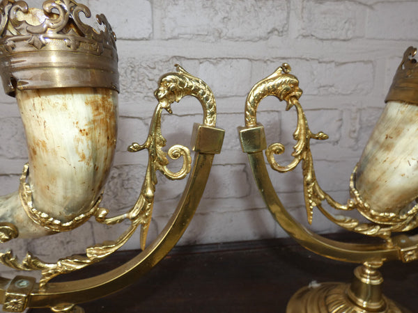 PAir vintage 1950 Brass metal horn dragon statue rare