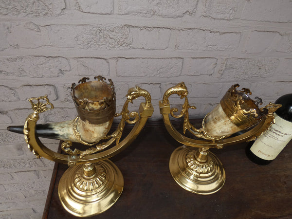 PAir vintage 1950 Brass metal horn dragon statue rare