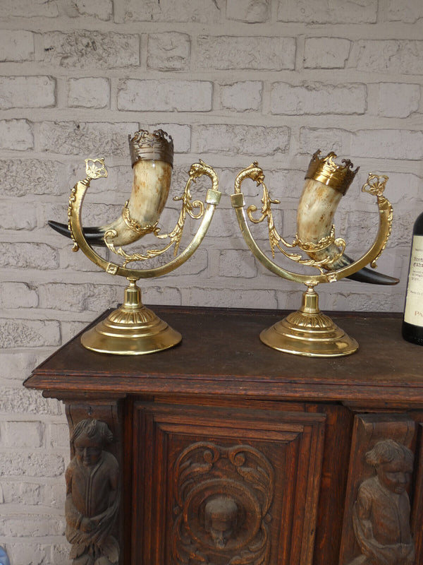 PAir vintage 1950 Brass metal horn dragon statue rare