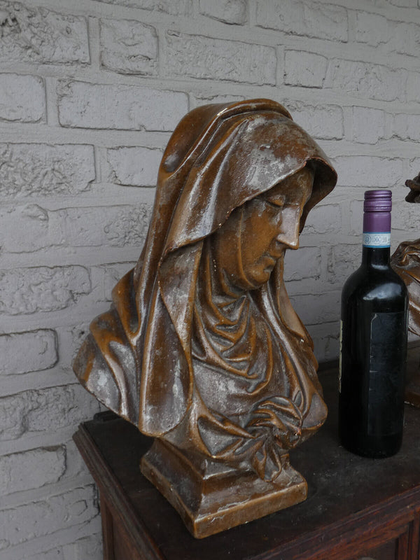 Antique religious pair Chalk bust madonna jesus sculpture statue set