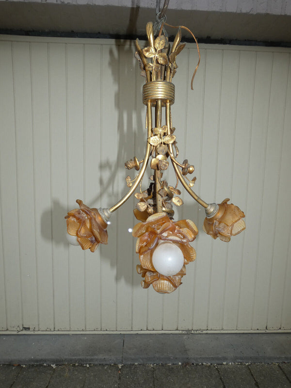 Antique bronze 5 arms amber glass shade floral chandelier lamp