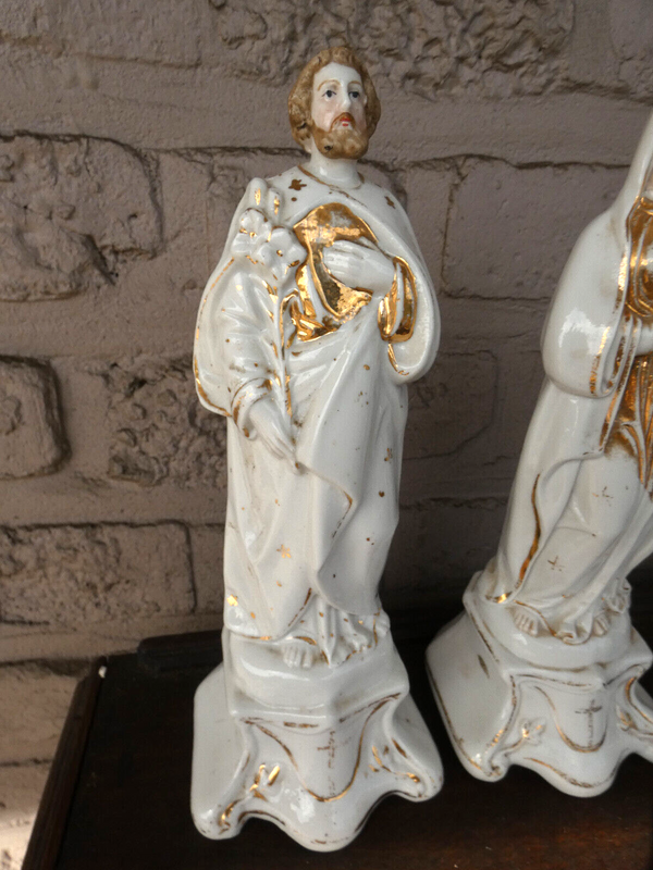 Antique Pair vieux brussels porcelain holy family joseph mary jesus statue