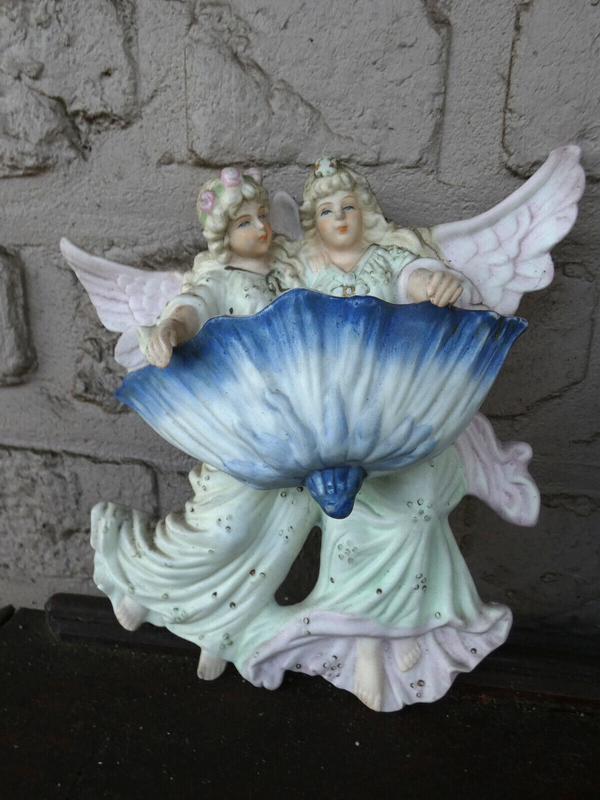 German bisque porcelain angels holy water font plaque