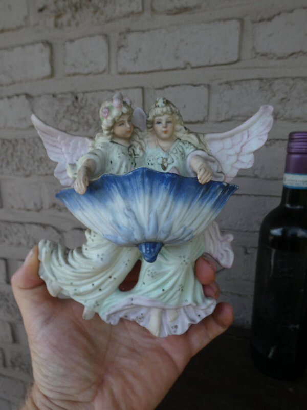 German bisque porcelain angels holy water font plaque