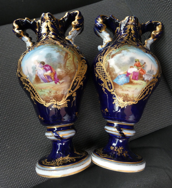 Pair antique French sevres style porcelain marked Romantic vases