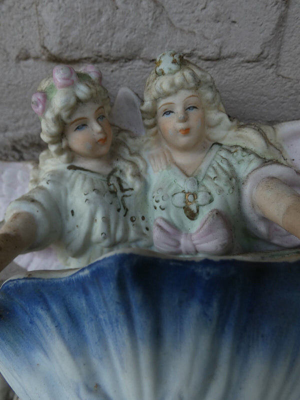 German bisque porcelain angels holy water font plaque