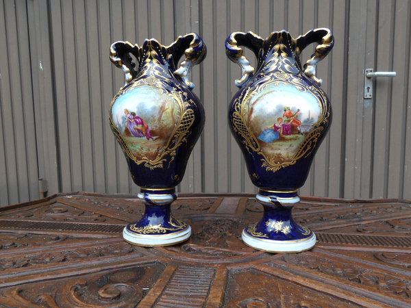 Pair antique French sevres style porcelain marked Romantic vases