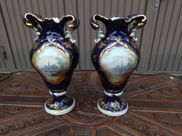 Pair antique French sevres style porcelain marked Romantic vases