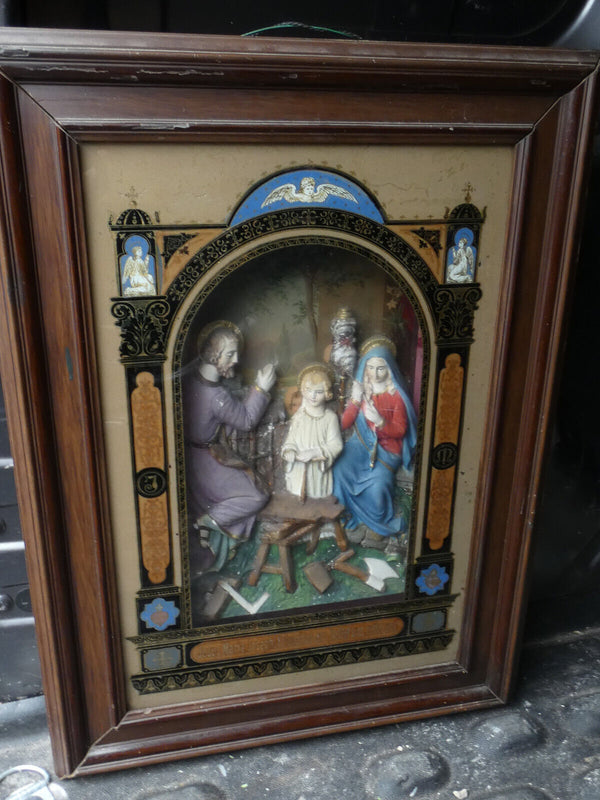 Antique 19thc Chalk & paint glass panel Religious wall plaque holy family jesus