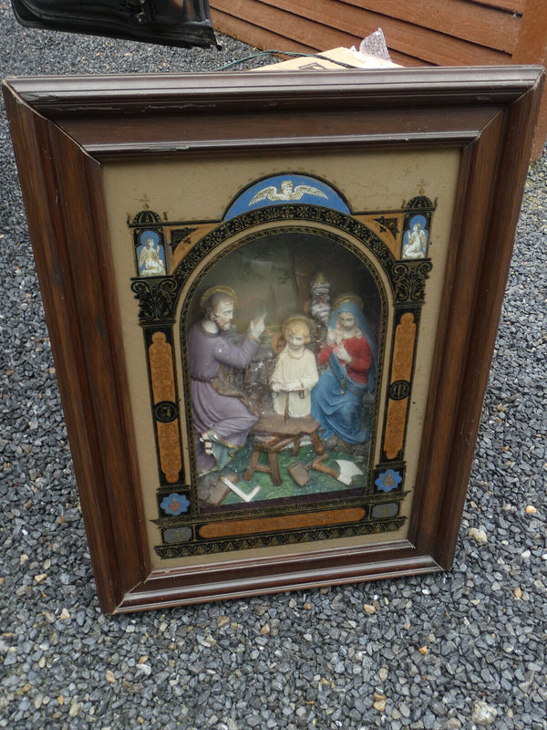 Antique 19thc Chalk & paint glass panel Religious wall plaque holy family jesus