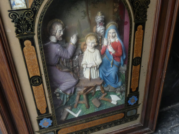 Antique 19thc Chalk & paint glass panel Religious wall plaque holy family jesus