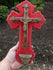 Antique French red velvet metal crucifix holy water font plaque