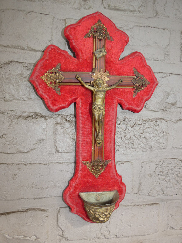 Antique French red velvet metal crucifix holy water font plaque